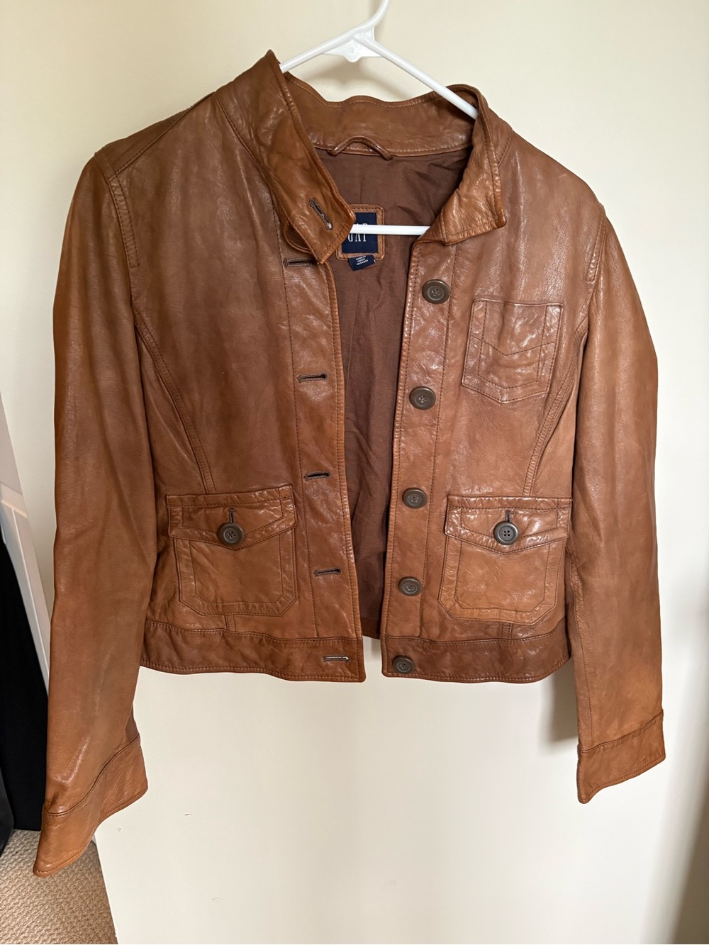 Tan Brown Leather Button-Front Jacket real leather, soft